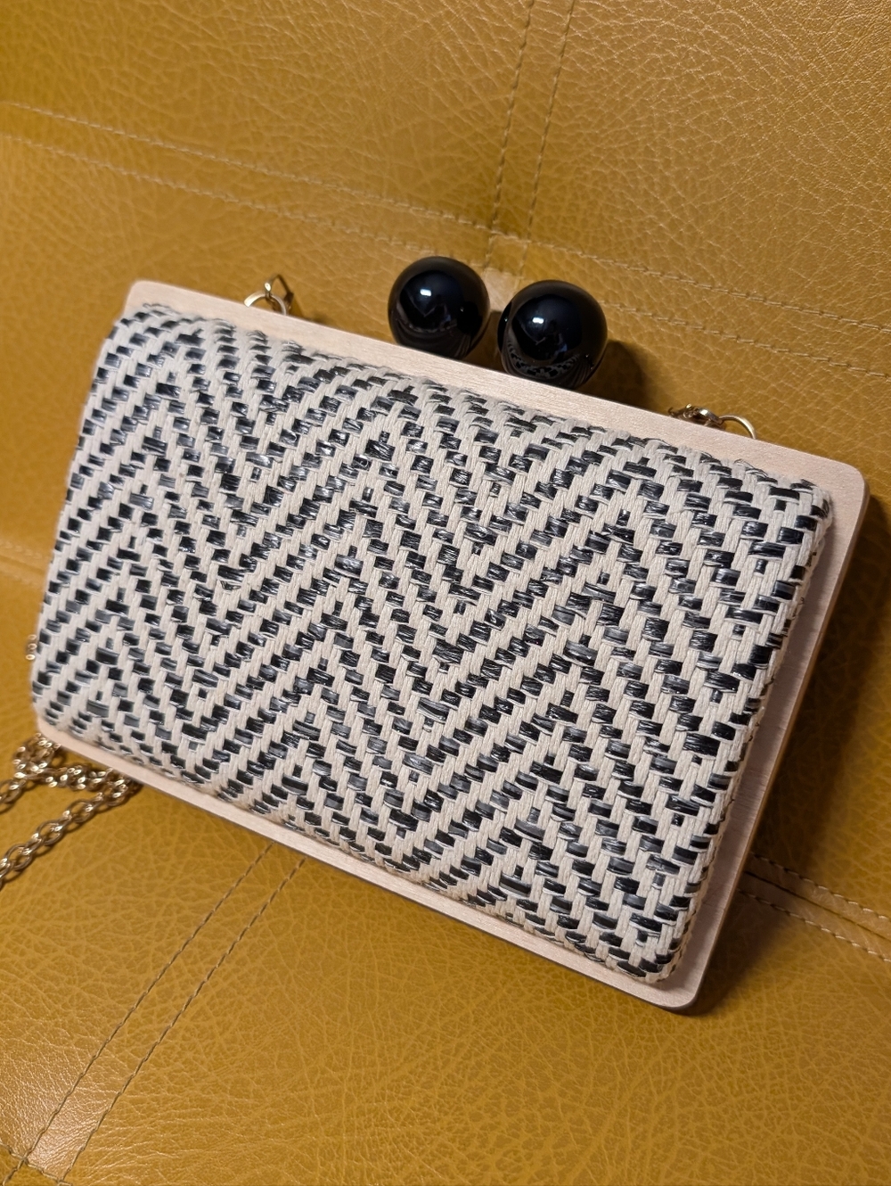 SHIRALEAH woven wooden frame purse clutch